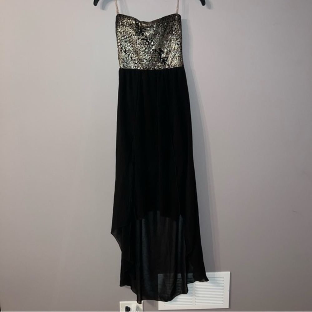 Windsor black and gold strapless padded high low dress - small